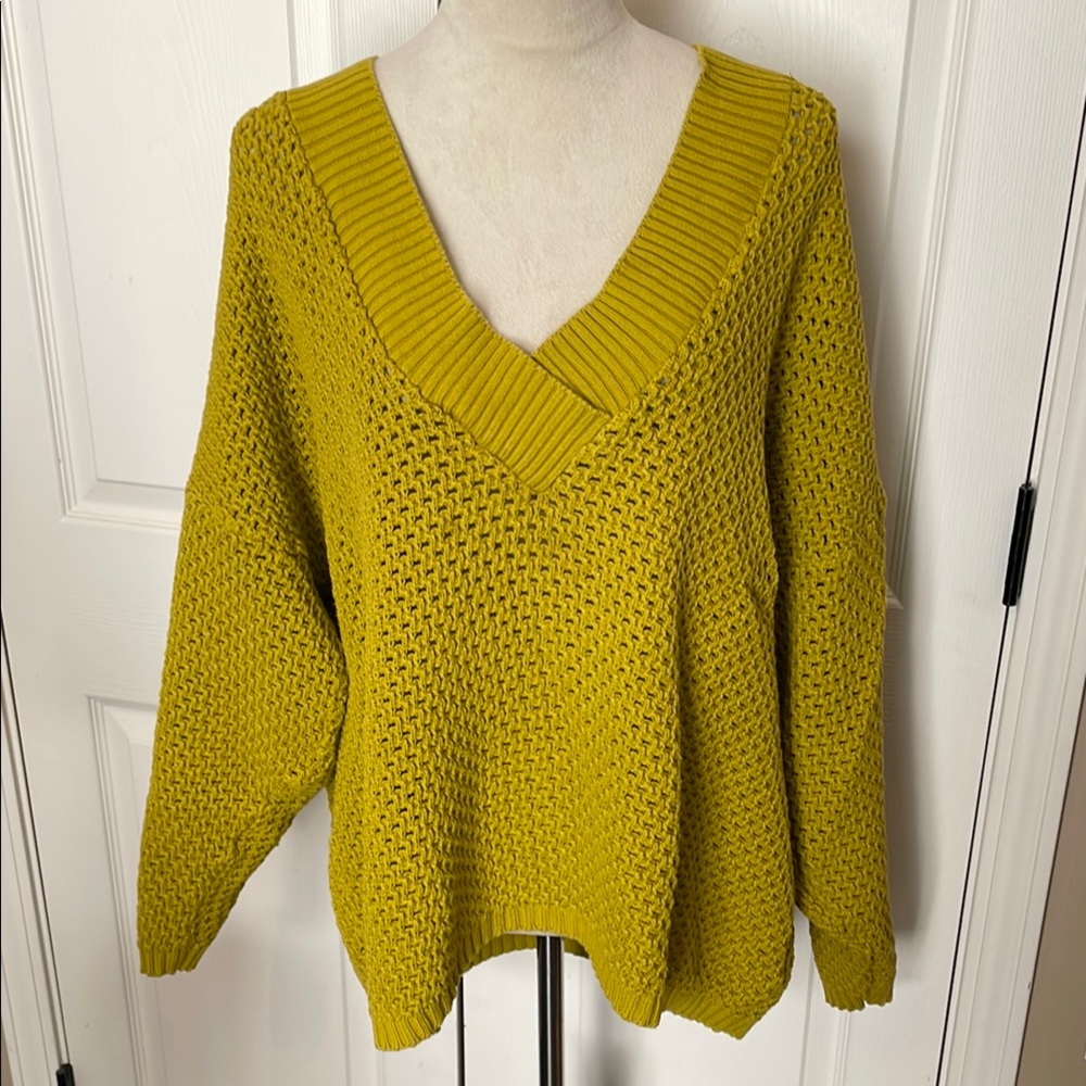 Oversized Mustard Yellow Open Weave V Neck Long Sleeve Sweater Large